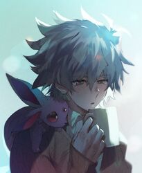  1boy :o aoki_(fumomo) bangs blue_background blue_hair blush crystal_beast_ruby_carbuncle cup duel_monster hair_between_eyes holding holding_cup johan_andersen long_sleeves male_focus mug on_shoulder parted_lips simple_background spiky_hair upper_body yu-gi-oh! yu-gi-oh!_gx 