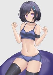  1girl :t absurdres armband bare_arms bare_shoulders black_choker black_hair black_legwear blue_shirt blue_shorts breasts choker closed_mouth crop_top hair_ornament hairclip hands_up highres jewelry kori_(parfait_ehmy) looking_at_viewer micro_shorts midriff navel original parfait_ehmy pout ring shirt short_hair shorts sleeveless sleeveless_shirt small_breasts solo spaghetti_strap stomach thigh-highs thighs violet_eyes 