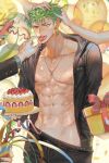  1boy abs balloon bare_pectorals birthday_cake black_shirt box cake clothes_pull confetti cream cream_on_body earrings feeding food fruit gift gift_box green_eyes green_hair happy_birthday headpat holding holding_cake holding_food jewelry looking_at_viewer multiple_hands navel necklace nipples one_piece open_clothes open_mouth open_shirt pants pants_pull pectorals roronoa_zoro runa_(artist) scar scar_on_chest shirt short_hair sideburns strawberry streamers toned toned_male tongue tongue_out 