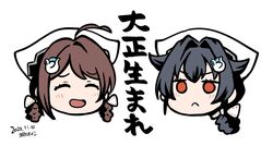  artist_name bandana black_hair braid brown_hair chougei_(kancolle) closed_eyes commentary_request dated hair_flaps hair_ornament hair_rings hairclip head_only jingei_(kancolle) kantai_collection kirisawa_juuzou long_hair low_ponytail red_eyes simple_background twin_braids white_background 