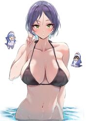  3girls absurdres animal_costume asari_nanami bikini black_bikini blush breasts breasts_apart chibi collarbone dark_blue_hair duplicate ear_piercing groin halterneck hand_up hayami_kanade highres idolmaster idolmaster_cinderella_girls large_breasts looking_at_viewer midriff multiple_girls navel out-of-frame_censoring piercing pixel-perfect_duplicate pizzasi shark_costume short_hair simple_background smile sunazuka_akira swimsuit upper_body water_drop wet wet_hair white_background 