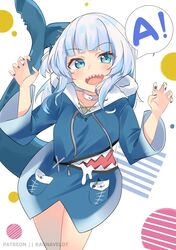  1girl a animal_costume animal_hood artist_request bangs blue_eyes blue_hair blue_hoodie blunt_bangs fish_tail gawr_gura hair_ornament highres hololive hololive_english holomyth hood hoodie long_sleeves medium_hair multicolored_hair shark_costume shark_girl shark_hair_ornament shark_hood shark_print shark_tail sharp_teeth silver_hair sleeves_past_wrists solo streaked_hair tail teeth two_side_up virtual_youtuber wide_sleeves 