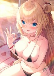  1girl akai_haato arm_under_breasts bangs beach_mat bead_bracelet beads bikini black_bikini blonde_hair blue_eyes blush bracelet breasts collarbone commentary_request day earrings eyebrows_visible_through_hair fang hair_between_eyes hair_ribbon heart heart_earrings heart_necklace highres hololive jewelry large_breasts light_particles looking_at_viewer magowasabi nail_polish one_side_up outdoors red_nails ribbon side-tie_bikini signature sitting skin_fang smile solo strap_lift string_bikini sweat swimsuit thigh-highs twitter_username virtual_youtuber 