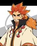  1boy alder_(pokemon) black_eyes bright_pupils commentary_request facial_hair hair_tie jewelry long_hair looking_at_viewer male_focus multicolored_hair necklace orange_hair poke_ball pokemon pokemon_(game) pokemon_bw poncho ponytail popped_collar sanwari_(aruji_yume) smile solo spiky_hair tied_hair two-tone_hair upper_body white_pupils 