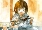  eating fish food grey_eyes japanese_clothes kouno_hikaru traditional_media watercolor_(medium) 
