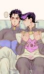  2boys book gakuran higashikata_jousuke jojo_no_kimyou_na_bouken kuujou_joutarou meiji_(hakkahakka) multiple_boys pillow pompadour purple_hair school_uniform turtleneck yes_pillow 