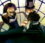  blazblue blonde_hair blue_eyes cape carl_clover child claws glasses gloves headdress kimchi1uva long_arms nirvana robot sitting top_hat 