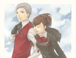  1girl brown_hair couple european_clothes female_protagonist_(persona_3) hair_ornament hairclip headphones minato_(robin) persona persona_3 persona_3_portable sanada_akihiko school_uniform 