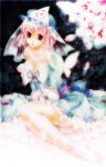  barefoot breasts butterfly cherry_blossoms cleavage flower frills hat legs lips merunmeron petals pink_hair red_eyes ribbon saigyouji_yuyuko short_hair sitting solo touhou undressing wavy_hair 