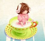  brown_hair bunny_ears cup girl_in_a_cup in_container in_cup inaba_tewi minigirl rabbit_ears red_eyes short_hair suzutou tail teacup tears touhou 