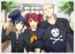  :d blue_eyes blue_hair cabbie_hat grin hat hat_tip kujikawa_rise light_smile locked_arms long_hair open_mouth persona persona_4 photo_(object) red_eyes red_hair redhead reverse_trap school_uniform sen_nai shirogane_naoto short_hair skull_and_crossbones smile tatsumi_kanji twintails white_hair 