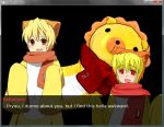  animal_ears blonde_hair lion oversized_clothes red_eyes sakutarou scarf shota smile stuffed_animal umineko_no_naku_koro_ni 