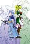  1boy 1girl back-to-back blue_hair boy_and_girl green_footwear green_hair kenkou_kurosu maid pointy_ears ponytail size_difference sword tagme tray weapon 