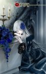  blue_rose bow candle character_request choker colored_eyelashes curtains dress european_clothes eyelashes flower fur gown grey hair_bow hair_ornament hands lace lips lolita_fashion long_hair long_sleeves rose silver_hair sitting solo source_request very_long_hair 