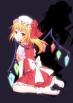  fang flandre_scarlet hat kneeling looking_back ponytail red_eyes second_heaven shadow short_hair side_ponytail socks solo touhou wings 