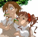  3- angry arm_hug bad_id brown_eyes brown_hair eating hot_dog hotdog long_hair misaka_mikoto mouth_hold nuezou school_uniform shirai_kuroko short_hair sweater_vest to_aru_kagaku_no_railgun to_aru_majutsu_no_index twintails 