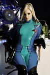  blonde_hair bodysuit cosplay gun latex metroid nintendo non-asian photo real samus_aran sitting skin_tight zero_suit 