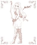  archer archer_(fft) arrow boots bow_(weapon) female final_fantasy final_fantasy_tactics kneehighs long_hair mizuzono monochrome solo 
