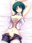  armpits arms_up bed belt breasts corset green_eyes green_hair large_breasts lying meso_(gjmeso) midriff mole navel no_panties on_back open_fly original short_hair solo unbuttoned unzipped 