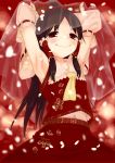  armpits arms_behind_head arms_up asa_no_ha_(pattern) ascot black_hair blurry blush bokeh bow collarbone depth_of_field detached_sleeves embellished_costume embroidery frills hair_bow hair_ornament hair_tubes hakurei_reimu long_hair looking_at_viewer midriff miko mizu_asato navel petals ponytail red red_eyes see-through seigaiha showing_armpits smile solo touhou veil very_long_hair 
