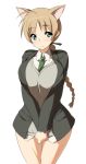  1girl blue_eyes braid breast_squeeze breasts brown_hair cat_ears huge_breasts long_hair lynette_bishop necktie nekomamire no_pants skirtless solo strike_witches sweater wide_hips 