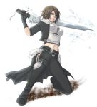  blue_eyes brown_hair female final_fantasy final_fantasy_viii genderswap gunblade jacket midriff pants scar short_hair siya0 solo squall_leonhart 