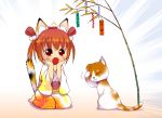  1girl animal_ears barefoot brown_hair cat cat_ears fang feet japanese_clothes kimono lee_(colt) original red_eyes tail tanabata tears translated twintails 
