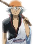  1boy bad_id bokken bokuto_(weapon) cosplay gintama hat male maruki_(punchiki) musashi_(gintama) sakata_gintoki sakata_gintoki_(cosplay) silver_hair solo sword weapon wooden_sword 