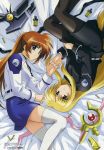  absurdres blonde_hair blue_eyes brown_hair fate_testarossa hand_holding jpeg_artifacts long_hair lying mahou_shoujo_lyrical_nanoha mahou_shoujo_lyrical_nanoha_strikers pantyhose ponytail red_eyes takamachi_nanoha thigh-highs 