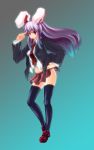  animal_ears bunny_ears hachishi hand_on_hip highres long_hair navel necktie purple_hair rabbit_ears red_eyes reisen_udongein_inaba solo thigh-highs thighhighs tongue touhou zettai_ryouiki 
