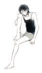  1girl barefoot full_body hair_down kokenishian monochrome shingeki_no_kyojin short_hair short_shorts shorts sitting tank_top ymir_(shingeki_no_kyojin) 