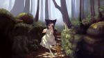  amamiya_mikihiro animal_ears black_eyes black_hair cat_ears cat_tail child forest frog highres nature open_mouth original paw_pose sandals scenery short_hair solo tail tree 