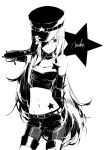  cowboy_shot elbow_gloves fingerless_gloves gloves hand_on_hat hat hatsune_miku high_contrast long_hair midriff monochrome navel project_diva rella solo star tattoo very_long_hair vocaloid 