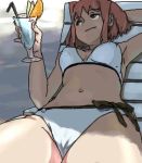  armpits artist_request bangs beach bow_panties brave_fencer_musashiden breasts brown_eyes brown_hair chair character_request cup drink ice name_characters navel orange panties pinky_out shade smile solo straw swimsuit umbrella water white_bra 