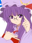  adjusting_glasses bespectacled book bow crescent glasses hair_bow hair_ribbon hat long_hair nattsu_kei patchouli_knowledge purple_eyes purple_hair ribbon solo touhou violet_eyes 