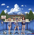  3girls absurdres barefoot blue_eyes blue_hair broom brown_eyes brown_hair bucket character_request closed_eyes coupe50 empty_pool eyes_closed female glasses goggles highres knot long_hair multiple_girls open_mouth outdoors outside pool salute school_swimsuit short_hair sky smile soda_can standing swimsuit text translated translation_request water water_gun water_hose wet wet_clothes wet_shirt 