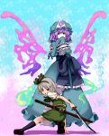  bob_cut frills gathers green_eyes grey_hair hair_ribbon hat japanese_clothes konpaku_youmu konpaku_youmu_(ghost) myon pose purple_eyes purple_hair ribbon saigyouji_yuyuko shiba_murashouji standing sword touhou weapon 