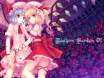  bare_shoulders bat_wings blonde_hair blue_hair cover cover_page flandre_scarlet flower hand_on_another's_cheek hand_on_another's_face hat highres multiple_girls nail_polish petals ponytail red_eyes remilia_scarlet ribbon rose sayori short_hair siblings side_ponytail sisters touhou wallpaper wings 