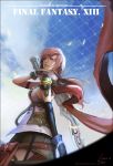  belt cape elbow_gloves female final_fantasy final_fantasy_xiii gloves green_eyes lightning_(ff13) lightning_farron long_hair looking_down miniskirt nawol pink_hair shoulder_pads skirt sky solo sword weapon 