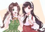  2girls :d aerith_gainsborough bangs breasts brown_hair brown_nails brown_neckwear dangle_earrings detached_sleeves dress earrings final_fantasy final_fantasy_vii final_fantasy_vii_remake fingernails food green_dress green_eyes hair_ribbon highres holding holding_food holding_pocky jewelry kt9_ct large_breasts long_hair looking_at_viewer low-tied_long_hair maid_headdress medium_breasts multiple_girls necktie one_eye_closed parted_bangs pocky polka_dot polka_dot_background ponytail puffy_sleeves red_dress red_nails ribbon signature smile swept_bangs tifa_lockhart tri_drills upper_body violet_eyes 