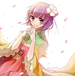  1girl eyebrows_visible_through_hair flower hair_flower hair_ornament hieda_no_akyuu japanese_clothes kaede_(mmkeyy) kimono petals purple_hair red_skirt sash short_hair simple_background skirt touhou upper_body violet_eyes white_background wide_sleeves yellow_sleeves 