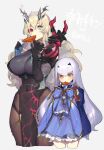  2girls armor bangs bare_shoulders black_dress black_gloves blonde_hair blue_dress blue_eyes blue_gloves breasts brown_eyes brown_legwear chain chicken_(food) chicken_leg covered_navel dress earrings eating elbow_gloves fairy_knight_gawain_(fate) fairy_knight_lancelot_(fate) fate/grand_order fate_(series) food frills gauntlets gloves heterochromia horns jewelry large_breasts long_hair long_sleeves looking_at_viewer multiple_girls pantyhose pauldrons pelvic_curtain red_eyes shoulder_armor sideboob sidelocks single_gauntlet single_pauldron small_breasts tan_(inka) thighs weapon white_hair 
