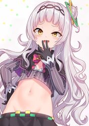  1girl bangs blunt_bangs blush breasts hair_ornament hairband hexagram_hair_ornament highres hololive long_hair long_sleeves looking_at_viewer murasaki_shion navel open_mouth shimokirin side_bun sidelocks silver_hair small_breasts smile solo yellow_eyes 