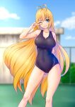  1girl absurdres arm_behind_back bangs black_swimsuit blonde_hair blue_eyes blue_sky blurry blurry_background breasts chain-link_fence clouds cloudy_sky commentary_request covered_navel day depth_of_field eyebrows_visible_through_hair fence grin highres large_breasts long_hair looking_at_viewer mikuru_beam nicchi one-piece_swimsuit one_eye_closed outdoors partial_commentary school school_swimsuit sky smile solo standing swimsuit tsurumaki_maki v very_long_hair voiceroid 