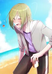  1boy beach beer_can black_shorts blue_sky blush brown_hair can clouds day dutch_angle green_eyes grey_jacket jacket jewelry kimura_shiki male_focus necklace ocean one_eye_closed outdoors shiroi_suna_no_aquatope shorts sky solo standing star_(symbol) yakamashi_kuuya 