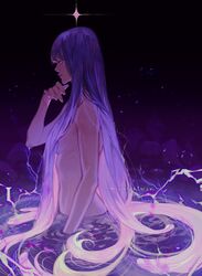  1girl bangs black_background breasts commentary completely_nude electricity genshin_impact glowing glowing_hair hair_censor hand_up highres long_hair nude partially_submerged purple_hair purple_theme raiden_shogun russian_commentary saiprin sideboob sidelocks solo very_long_hair violet_eyes 