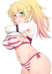  1girl aqua_eyes arm_strap bangs bikini blonde_hair blush breasts clothes_lift covered_nipples honda_naoki large_breasts lifted_by_self long_hair long_sleeves looking_at_viewer nose_blush original ponytail puffy_long_sleeves puffy_sleeves shirt shirt_lift side-tie_bikini solo stomach striped striped_bikini swimsuit undressing wet white_shirt 