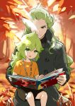  2boys absurdres akanboh autumn_leaves bangs black_coat book brown_shorts buttons coat commentary_request day father_and_son ghetsis_harmonia green_eyes green_hair highres holding holding_book long_hair long_sleeves looking_down male_focus multiple_boys n_(pokemon) open_mouth orange_shirt outdoors parted_lips pokemon pokemon_(game) pokemon_bw shirt short_sleeves shorts sitting t-shirt younger 