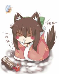  &gt;_&lt; 1girl :&lt; animal_ears arm_cannon bangs blanket blush bow brown_hair chibi chinese_commentary closed_eyes closed_mouth commentary_request control_rod dog_ears dog_tail eyebrows_visible_through_hair feng_ling_(fenglingwulukong) frozen green_bow hair_between_eyes hair_bow long_hair reiuji_utsuho sick sidelocks snot solo tail touhou translation_request trembling weapon white_background 