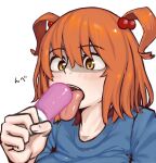  1girl bad_id bad_twitter_id bangs blue_shirt brown_eyes commentary_request cookie_(touhou) eating eyebrows_visible_through_hair food hair_bobbles hair_ornament highres holding holding_food looking_at_food ohasi onozuka_komachi open_mouth orange_hair shaded_face shirt shishou_(cookie) short_hair simple_background solo tongue tongue_out touhou two_side_up upper_body white_background 
